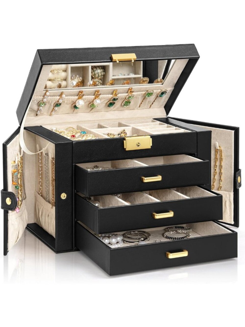 Large 4-Tier Jewelry Box with 3 Drawers - Elegant Jewelry Storage Organizer